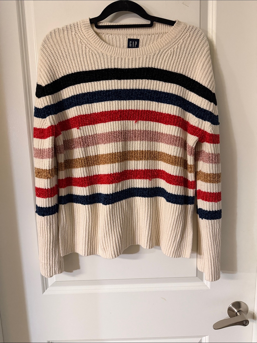 GAP Cream Crewneck Sweater with Navy, Black, Red & Tan Stripes